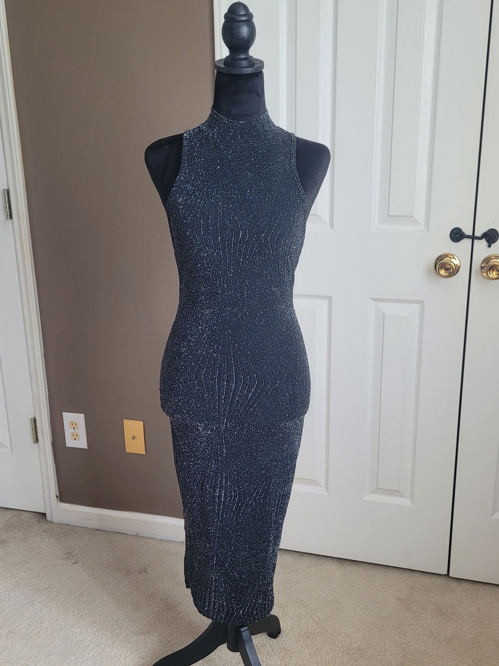 Lovely Day High-Neck Sleeveless Midi Dress in Black with Sparkle